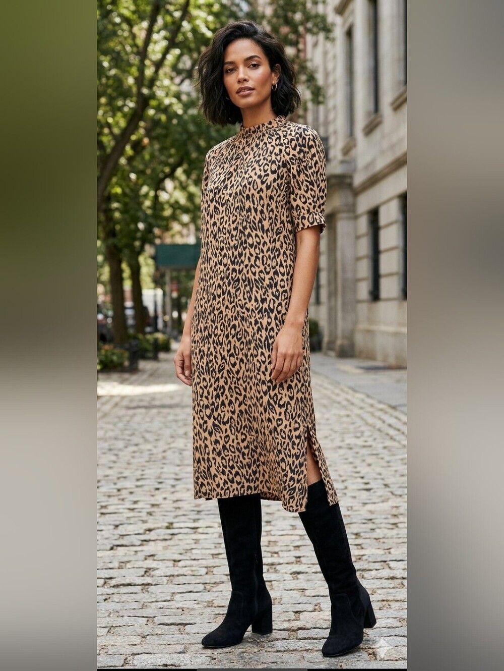 by Anthropologie Mackenzie Leopard Print Mock Neck Midi Dress Size L Tan Black